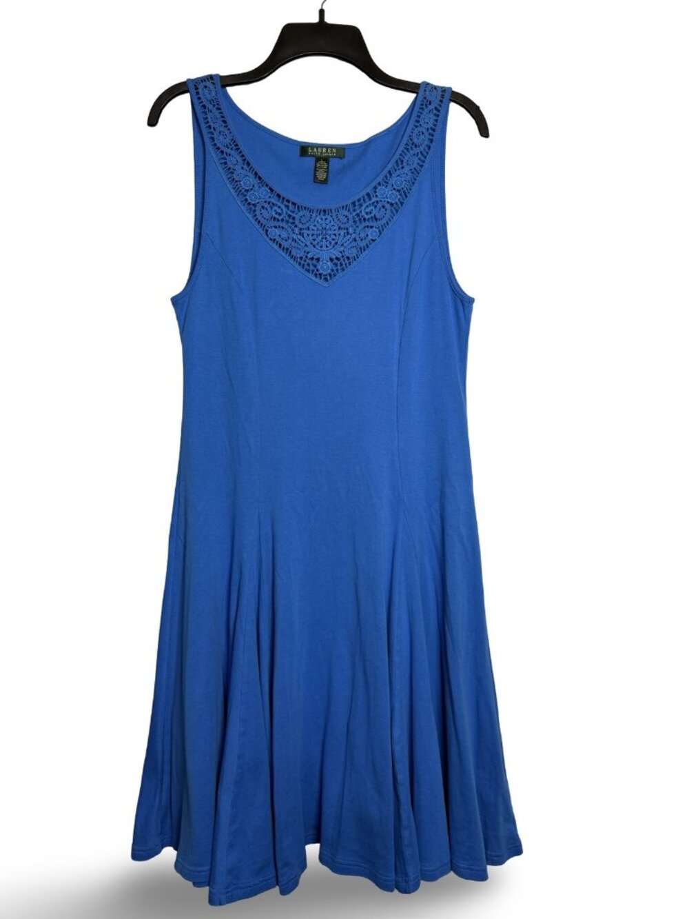 Lauren Ralph Lauren Swing Dress‎ Womens L Royal Blue Crochet Boho Coastal Midi